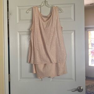 Peach sequined top and matching linen skirt. Breezy & comfortable summer outfit